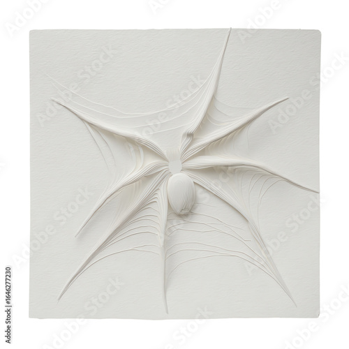 White paper relief abstract starburst, sculptural panel — white isolated background