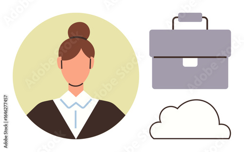 Female professional avatar in formal attire paired with a briefcase and cloud icon emphasizing work-life balance, digital tools, and career growth. Ideal for business, technology, teamwork