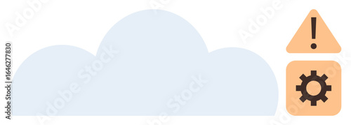 Blue cloud alongside warning triangle and gear symbol, representing system alert, troubleshooting, cloud maintenance. Ideal for IT, data issues, service updates, error handling, cloud-based