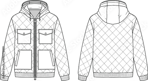 Technical jacket drawing, quilted hooded design, front and back view, fashion sketch, flap pockets, zipper closure, ribbed cuffs, apparel