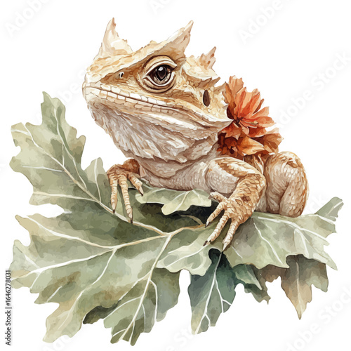 Horned Lizard, watercolor illustration vector, isolated on a white background.
