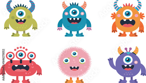 Set of cute colorful cartoon monsters with one-eyed and multi-eyed designs, playful alien creatures for kids and fantasy themes