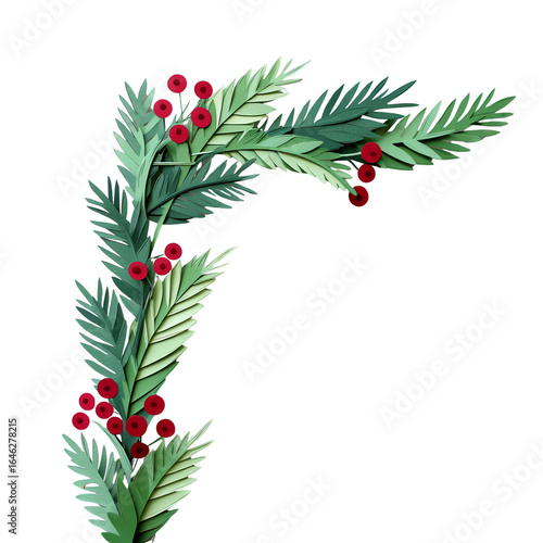 Evergreen swag with red berries in white pot, isolated on transparent background