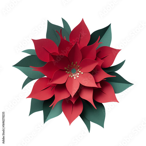 Layered paper-cut poinsettia flower rosette, isolated on transparent background