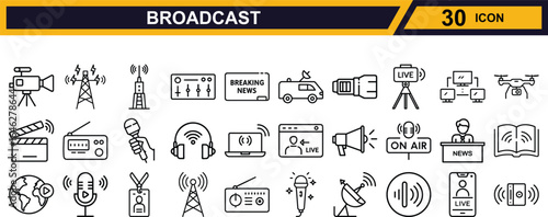 Vector art of collection of broadcast and media icons isolated on white background