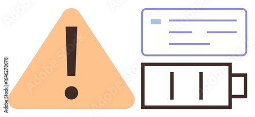 Orange triangle with exclamation mark, low battery icon, and notification card conveying caution and power shortage. Ideal for technology, alert, caution, energy, warning, failure notification