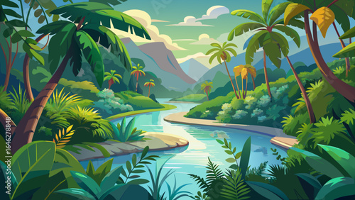 A lush tropical river winds gently through dense greenery, its clear waters gliding past vibrant water plants, reflecting the serene natural setting in a captivating semi-realistic artistic vision.