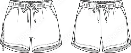 Curved hem shorts sketch, drawstring waistband, side pockets, visible stitching detail, front bow tie, fashion garment illustration template