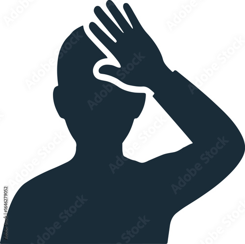 Silhouette of a person with hand on forehead expressing frustration or realization Keywords: person, silhouette, head, hand
