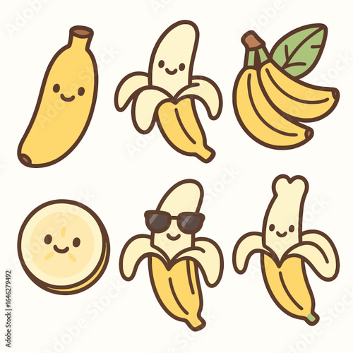Set of 6 cute cartoon banana icons with colorful and playful designs on white background. Perfect for fruit branding, kids’ illustrations, and fun food projects