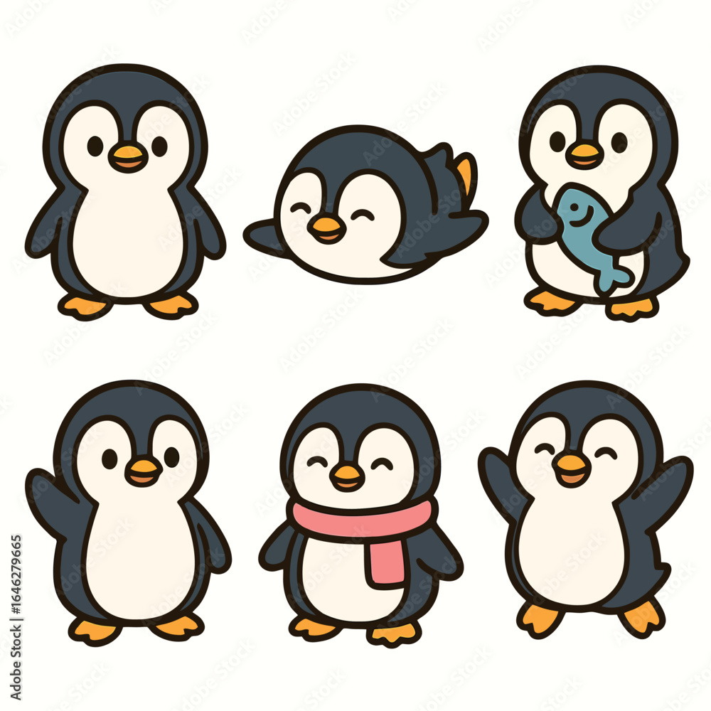 Obraz premium Set of 6 cute cartoon penguin icons with playful and winter-themed poses on white background. Perfect for children’s designs, holiday graphics, and educational materials