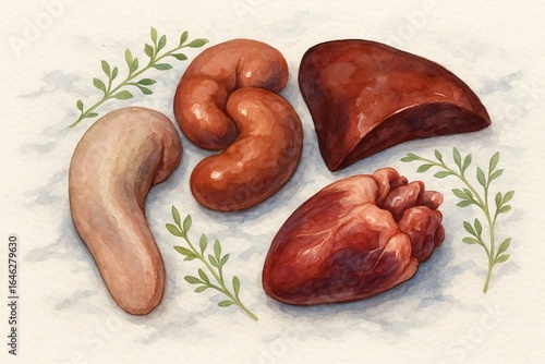 Watercolor assorted offal composition with leaves on light background. concept of culinary art, food arrangement, creative meat presentation