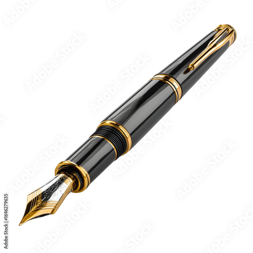 Elegant black and gold fountain pen with intricate detailing isolated on transparent background