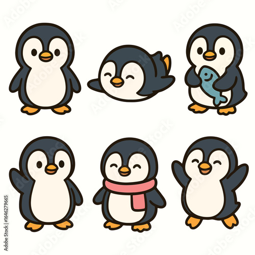 Set of 6 cute cartoon penguin icons with playful and winter-themed poses on white background. Perfect for children’s designs, holiday graphics, and educational materials