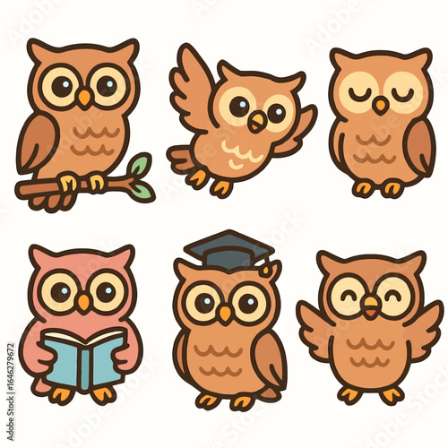 Cartoon owl icon set with 6 adorable and expressive poses, from sleeping to flying, on white background. Ideal for stickers, school materials, and creative graphics