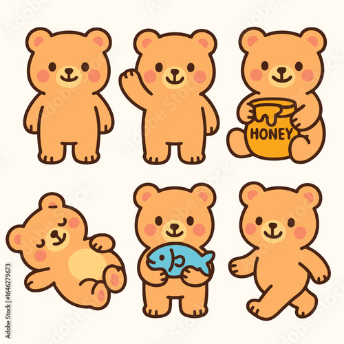 Set of 6 cute cartoon bear icons with colorful and playful poses on white background. Perfect for children’s books, nature-themed projects, and decorative illustrations