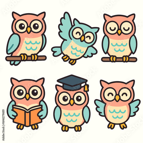 Set of 6 cute cartoon owl icons with colorful and playful designs on white background. Perfect for educational projects, kids’ designs, and decorative illustrations