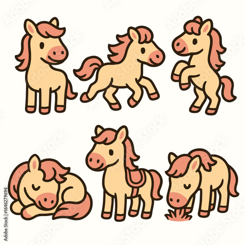Cartoon horse icon set with 6 adorable and dynamic poses, from galloping to resting, on white background. Ideal for stickers, children’s books, and creative designs