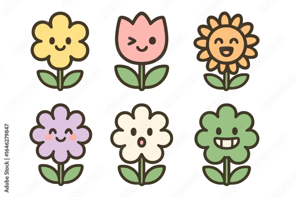 Fototapeta premium Set of 6 cute cartoon flower icons with happy faces, pastel colors, and unique petal designs. Perfect for stickers, decor, and kids’ projects