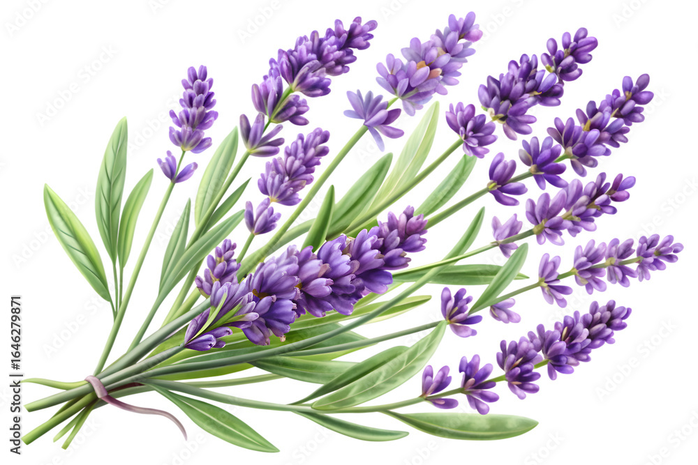 Fototapeta premium A beautiful bunch of purple lavender flowers with green leaves, isolated on transparent background, tied with a ribbon, evoking a sense of calm and natural fragrance