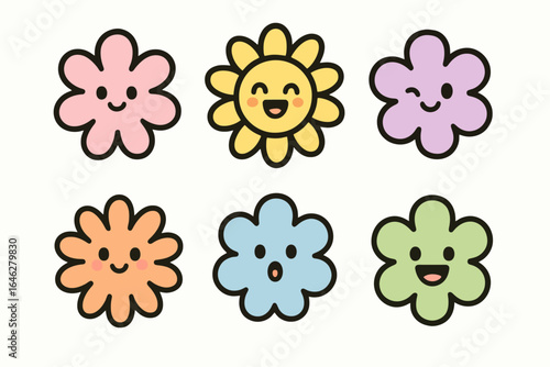 Cartoon flower icon set with 6 colorful smiling designs on white background. Ideal for creative projects, stickers, and cheerful graphic elements