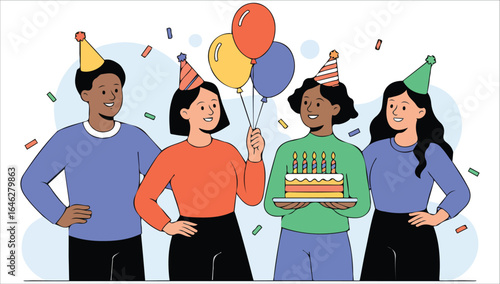 Birthday party people with cake vector illustration