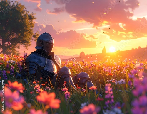 Knight in a field of flowers at sunset (1)