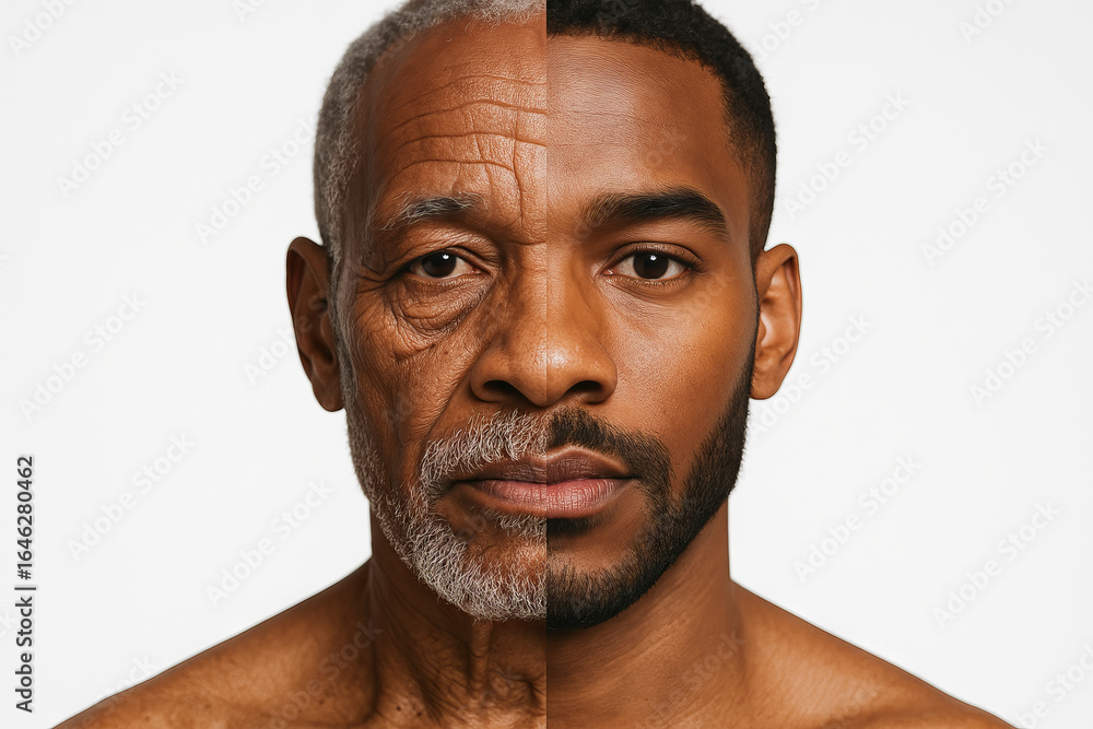 Obraz premium Contrast of youth and old age in african american man s face illustration. concept of aging, generational differences, personal transformation.