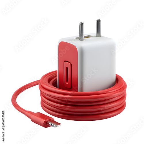 Modern white and red mobile phone charger adapter with coiled red usb cable isolated on transparent background