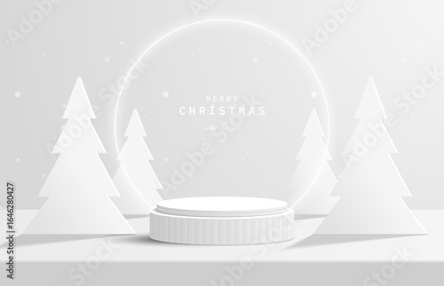 Abstract white 3D cylinder podium pedestal on desk table with christmas tree, glowing neon ring and snow. Platform for product display presentation or promotion day. Merry Christmas & Happy New Year