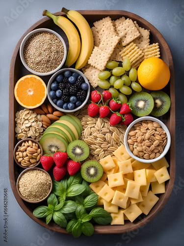 Healthy high fibre dietary food concept with fruit, vegetables, nuts, seeds, cereals, whole grain seeded crackers, whole wheat pasta & herbs. High in antioxidants, anthocyanins, omega 3 and vitamins.