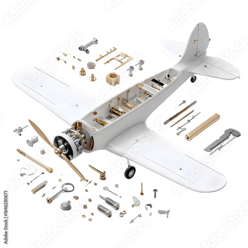 Detailed model airplane disassembled into its many individual components and parts arranged around the main fuselage isolated on transparent background