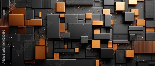 Abstract geometric arrangement of black and bronze cubes with scattered golden particles