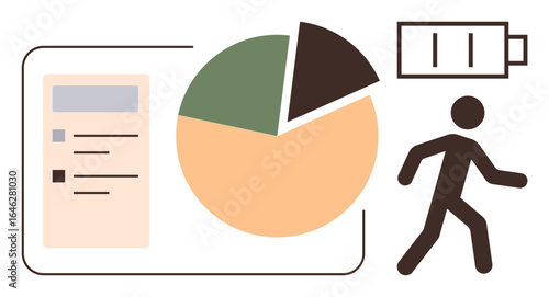 Pie chart, checklist for task tracking, battery with power indicator, and walking figure suggesting progress. Ideal for productivity, health, energy, analytics, teamwork motivation project