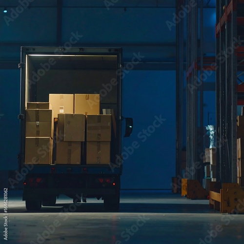 Truck loaded with boxes in dark warehouse