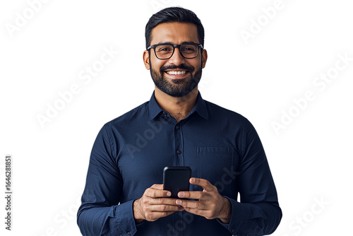Smiling man in a blue shirt holds a phone with a transparent background for web design and presentations.