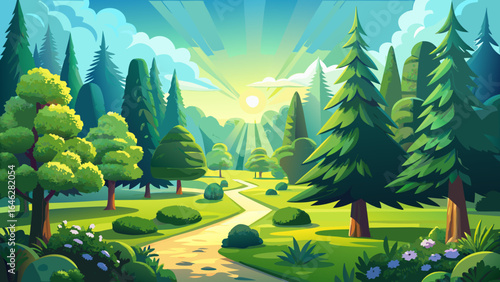 Lush green conifer trees in garden landscape with bright sunlight