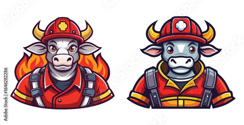 Brave Cow Logo in Full Firefighter Gear with Helmet and Reflective Stripes Bold Vector Illustration Design