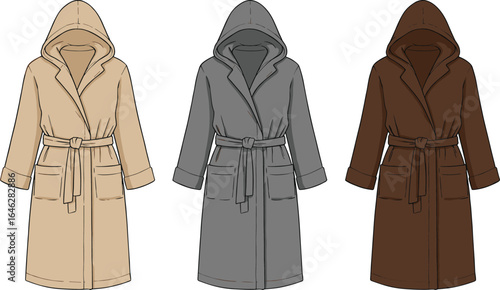 Hooded bathrobe illustration, beige gray brown robes, fashion sketch, cozy loungewear, textile design, bathrobe set, garment drawing