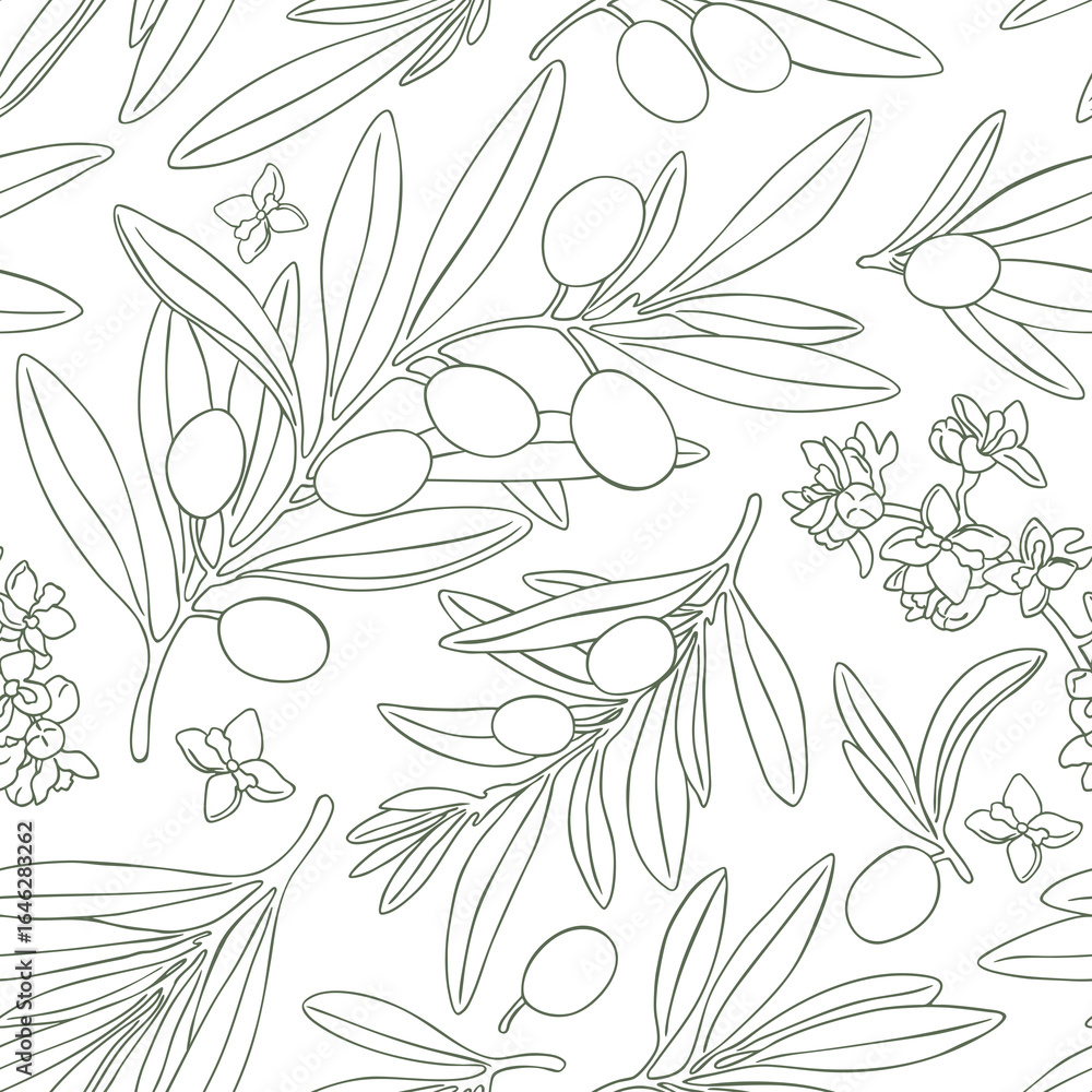 Fototapeta premium Seamless pattern drawing olive fruit branch. Hand drawn floral illustration, tree branches, flowers bloom, leaves olive fruits background green. Drawings food. Edible foliage. Menu, wrapping fabric