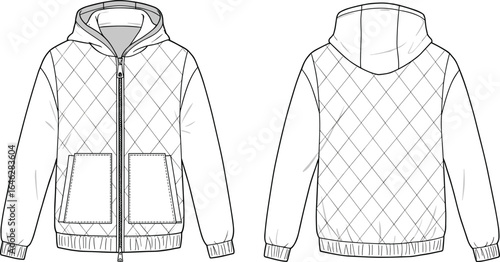 Technical drawing, quilted jacket design, hooded outerwear sketch, front and back view, fashion illustration, diamond stitch, zipper closure