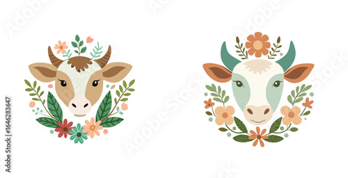 Wholesome Cottagecore Cow Logo with Flower Crown and Wildflowers Gentle Pastel Vector Design