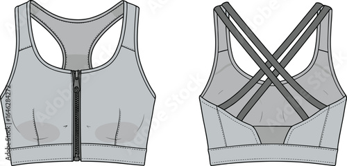 Sports bra illustration, front zipper design, crisscross back straps, racerback sketch, activewear garment, stitching details, fitness top drawing