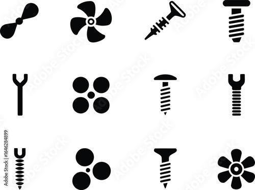 Assortment of Black and White Industrial Icons Representing Various Mechanical Parts and Designs for Engineering and Creative Projects