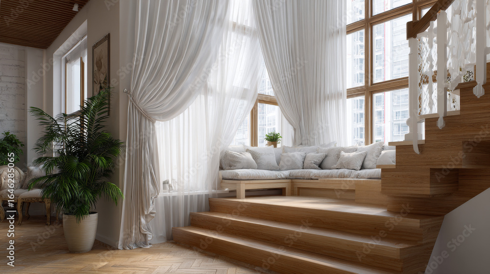 Fototapeta premium Modern living room interior with light wood accents, large window with elegant curtains, and wooden staircase