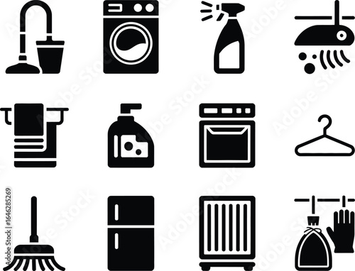 Black and white cleaning icons for household chores and maintenance showing various equipment and supplies for a spotless home environment