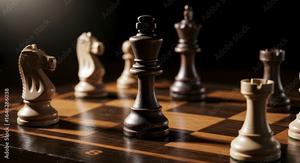 American Chess Day - Strategic chess game with wooden pieces on chessboard, conveying strategy, intellect, and competition American Chess Day - Strategic chess game with wooden pieces on chessboard, conveying strategy, intellect, and competition