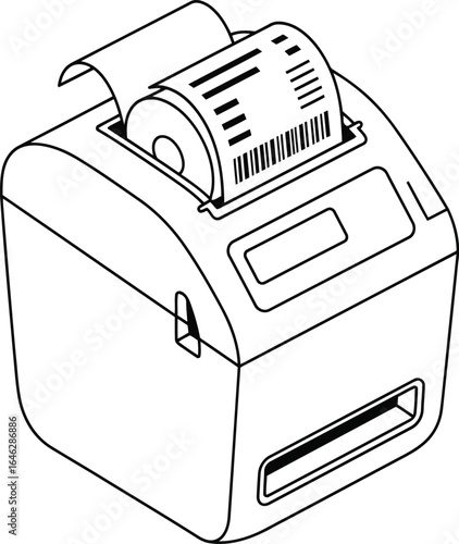 Vector line art illustration of a point of sale thermal printer issuing a receipt with a barcode.