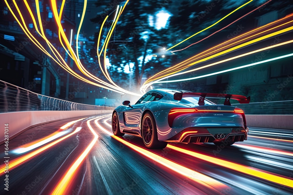 Fototapeta premium Smart Turbo Car Driving Tracks with Vibrant Light Trails and Advanced Speed