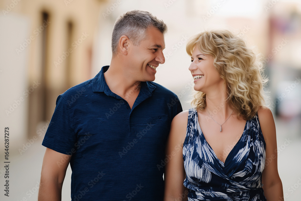 Fototapeta premium Happy couple enjoying a warm stroll in a quaint town on a sunny afternoon